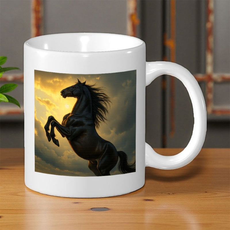 Tailorly White Ceramic 11 oz Mug - Majestic Black Stallion Rearing Against Dramatic Golden Sunset Sky With Clouds Horse