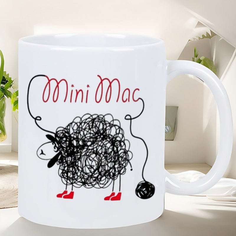 Tailorly White Ceramic 11 oz Mug - Mini Mac Scribble Line Art With Tiny Red Boots And Yarn Ball Sheep