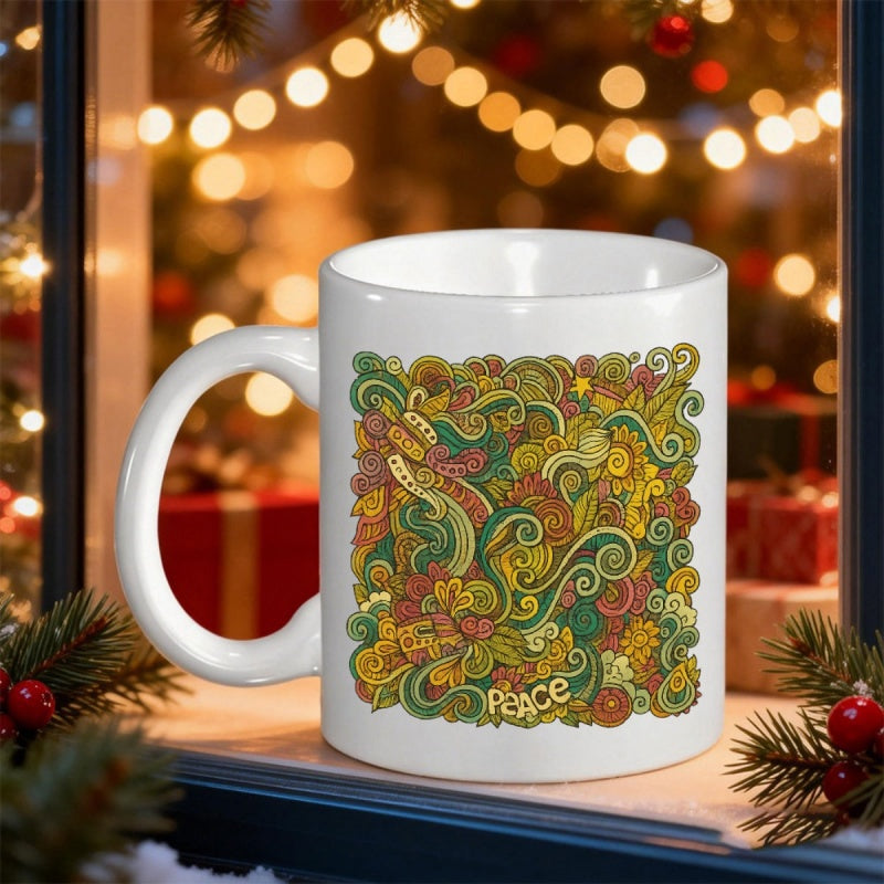 Tailorly White Ceramic 11 oz Mug - Peace Colorful Abstract Floral Swirls With Intricate Hand Drawn Details Doodle