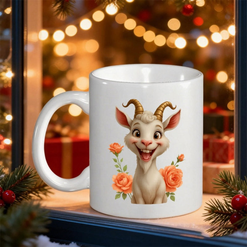 Tailorly White Ceramic 11 oz Mug - Charming Smiling Little Animal Surrounded By Elegant Blooming Orange Roses Goat