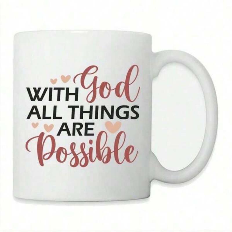 Tailorly White Ceramic 11 oz Mug - With God All Things Are Possible Elegant Script Lettering Surrounded By Delicate Small Pastel Pink Hearts Heart