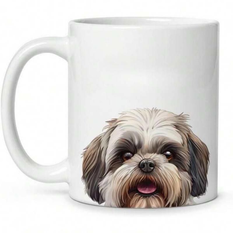 Tailorly White Ceramic 11 oz Mug - Adorable Realistic Illustration Of Fluffy Furry White And Brown Puppy Shih Tzu