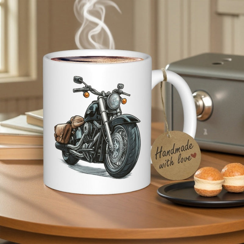 Tailorly White Ceramic 11 oz Mug - Powerful Classic Black Cruiser Parked Firmly On A Clean White Surface Motorcycle