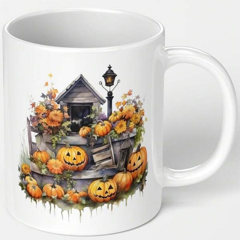 Tailorly White Ceramic 11 oz Mug - Rustic Wooden House Surrounded By Smiling Festive Jack O Lanterns Among Leaves Pumpkin