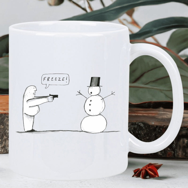Tailorly White Ceramic 11 oz Mug - Freeze Minimalist Cartoon Character Pointing Hair Dryer At Startled Top Hat Snowman