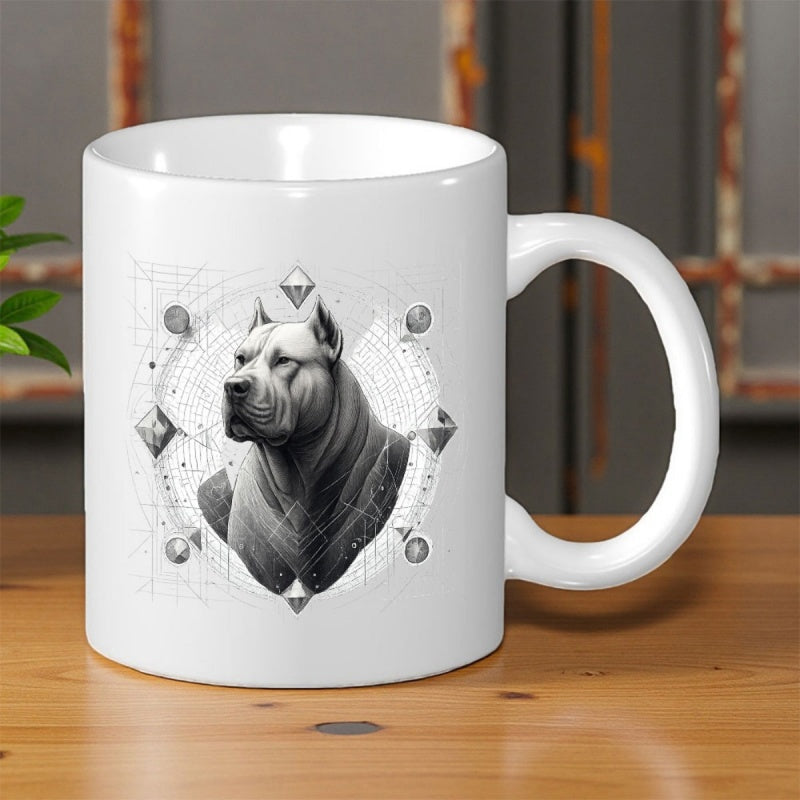 Tailorly White Ceramic 11 oz Mug - Powerful Muscular Canine Portrait Centered Within Ornate Sacred Geometry Symbols Pitbull