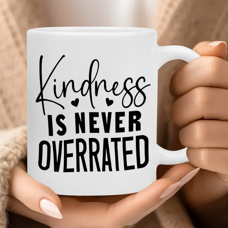 Tailorly White Ceramic 11 oz Mug - Kindness Is Never Overrated Minimalist Black Hearts On Smooth Polished White Porcelain Surface Mug