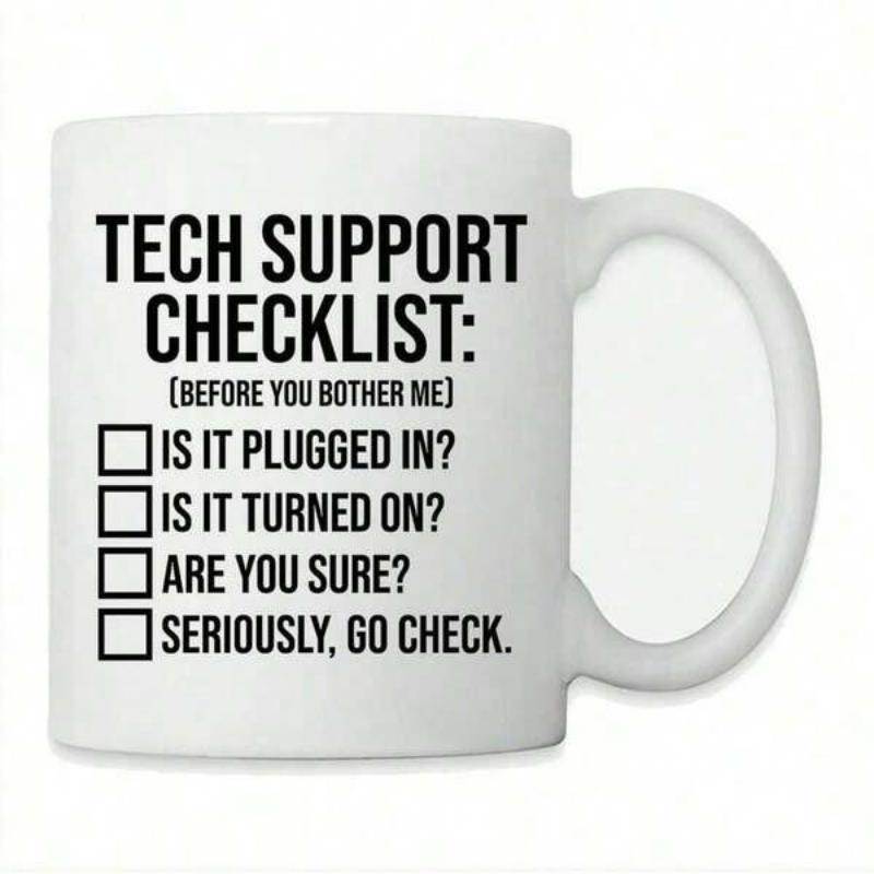 Tailorly White Ceramic 11 oz Mug - Tech Support Checklist Before You Bother Me Sarcastic Office Humor Featuring Minimalist Square Icons Under Bold Black Typography