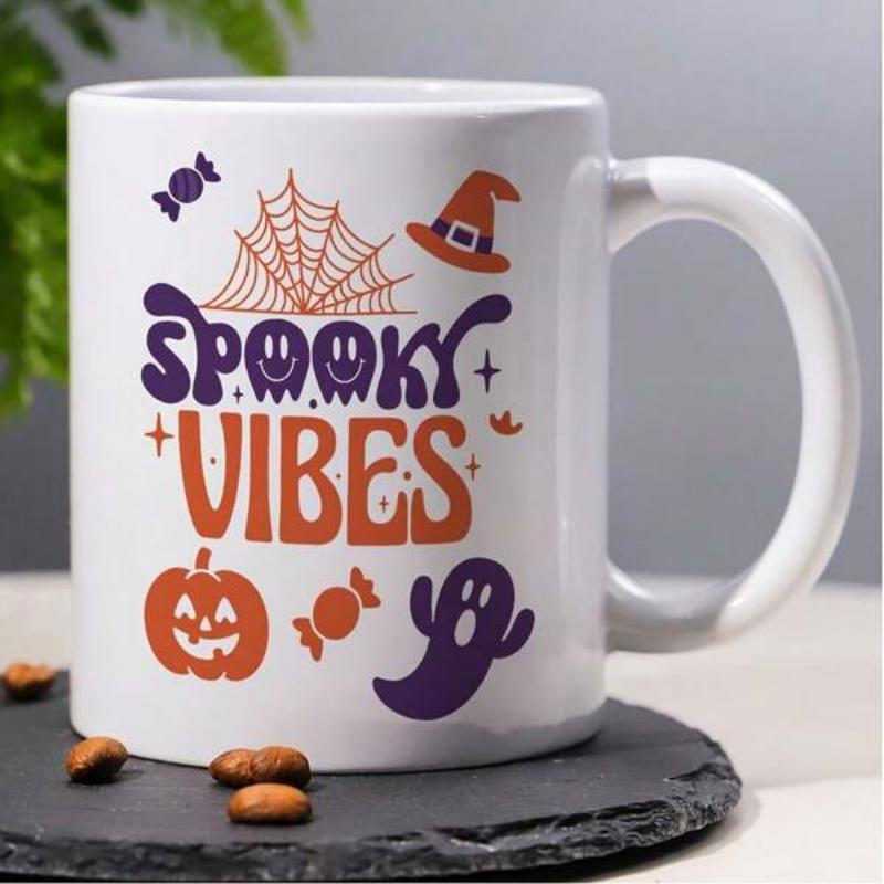 Tailorly White Ceramic 11 oz Mug - Spooky Vibes Whimsical Retro Halloween Design With Flying Ghost And Carved Pumpkin