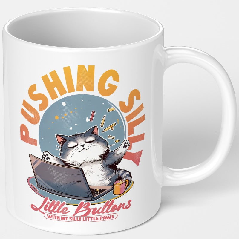Tailorly White Ceramic 11 oz Mug - Pushing Silly Little Buttons With My Silly Little Paws Chubby Cartoon Cat Stretching Behind Office Laptop Cat
