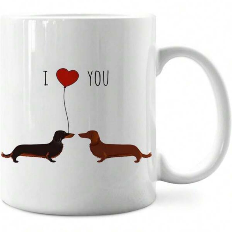 Tailorly White Ceramic 11 oz Mug - I YOU Two Cute Dachshund Dogs Facing Each Other Holding A Heart Balloon Dachshund