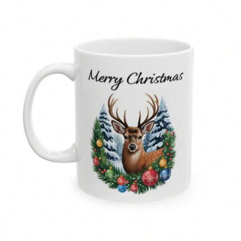 Tailorly White Ceramic 11 oz Mug - Merry Christmas Festive Wreath With Colorful Ornaments And Snowy Pine Trees Deer
