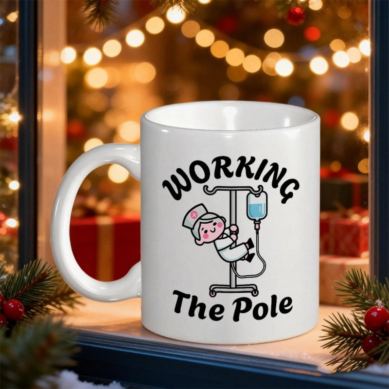 Tailorly White Ceramic 11 oz Mug - Working The Pole Cute Cartoon Professional Holding Onto A Medical Infusion Stand Nurse