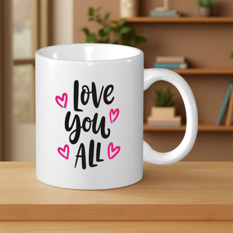 Tailorly White Ceramic 11 oz Mug - Love You All Artistic Script Surrounded By Delicate Pink Outlined Floating Shapes Heart
