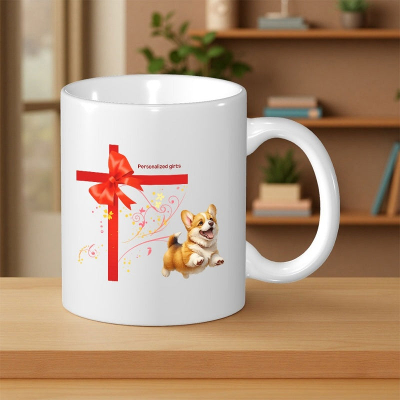 Tailorly White Ceramic 11 oz Mug - Personalized Gifts Playful Puppy Jumping Near Festive Red Ribbon With Decorative Swirls Corgi