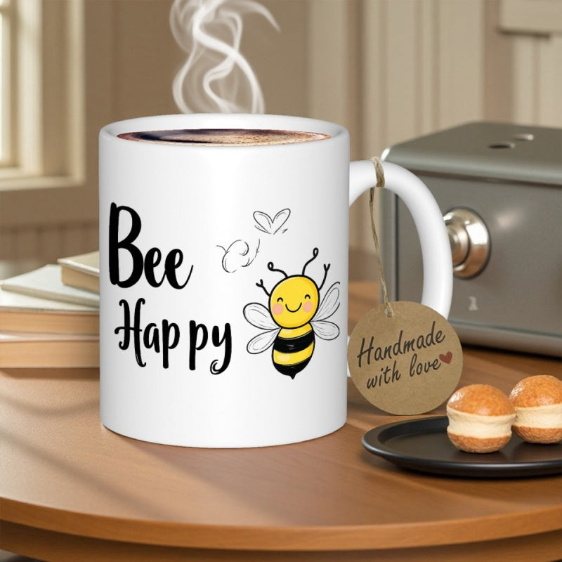 Tailorly White Ceramic 11 oz Mug - Bee Happy Cute Cartoon Smiling Bumblebee Flying With Small Hearts And Stripes Bee