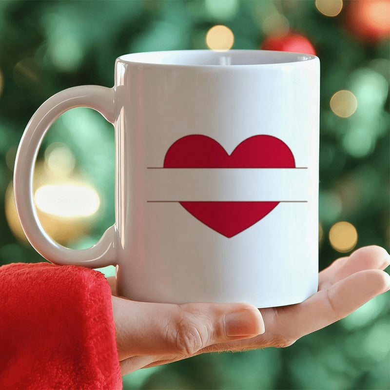 Tailorly White Ceramic 11 oz Mug - Simple Vibrant Red Divided Graphic Centered On A Classic Ceramic Heart