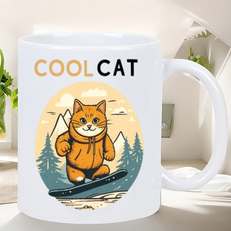 Tailorly White Ceramic 11 oz Mug - Cool Cat Active Ginger Feline Snowboarding Amidst Majestic Pine Trees And Snowy Mountains Cat