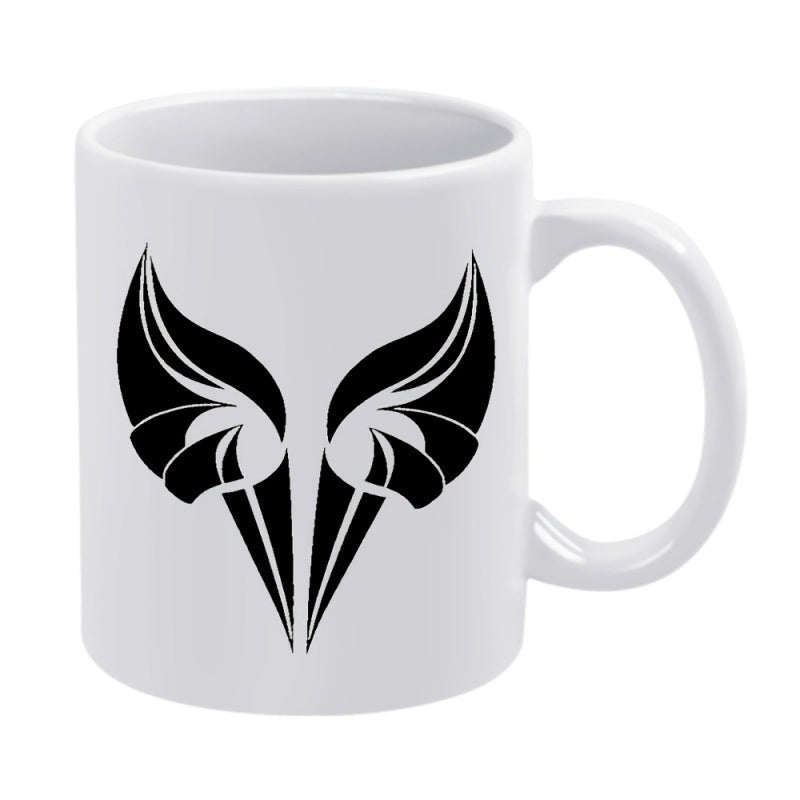 Tailorly White Ceramic 11 oz Mug - Minimalist Symmetrical Black Tribal Pattern Featuring Sharp Elegant Flying Mythical Wings