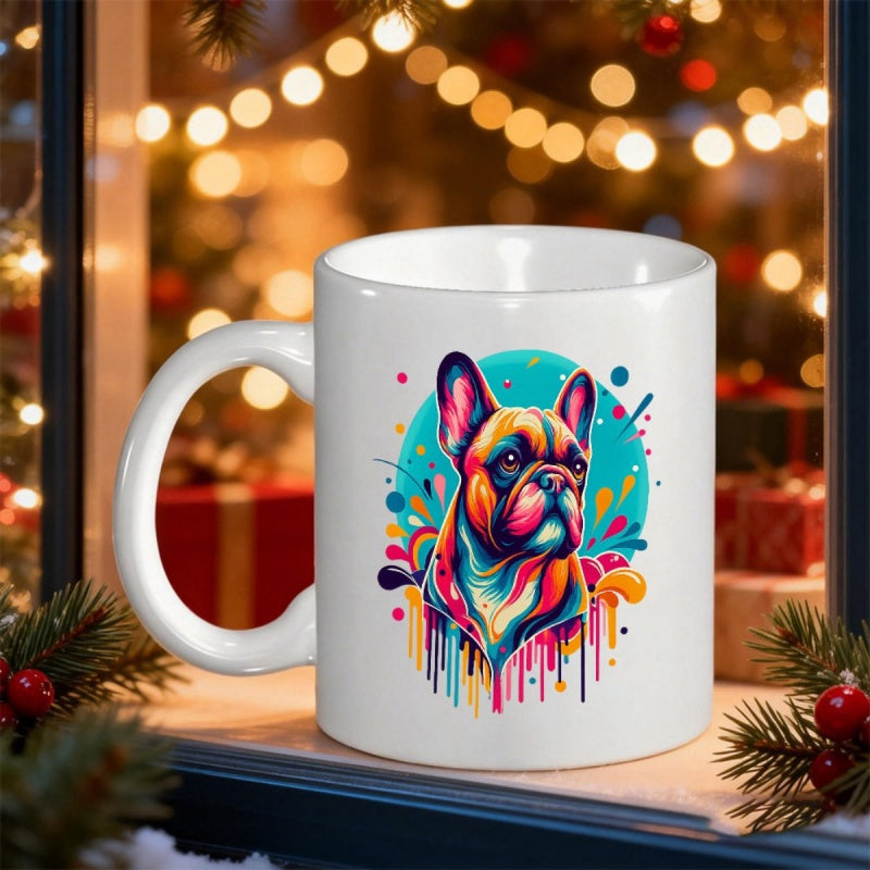 Tailorly White Ceramic 11 oz Mug - Vibrant Artistic French Bulldog Head With Colorful Paint Drips And Splatter French Bulldog