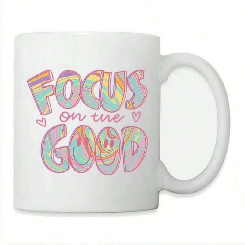 Tailorly White Ceramic 11 oz Mug - Focus On The Good Vibrant Colorful Retro Wavy Pattern With Minimalist Heart Icons Typography