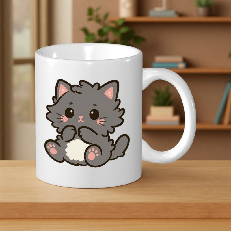 Tailorly White Ceramic 11 oz Mug - Cute Fluffy Grey Kitten Sitting Calmly With Pink Paws And Round Eyes Cat