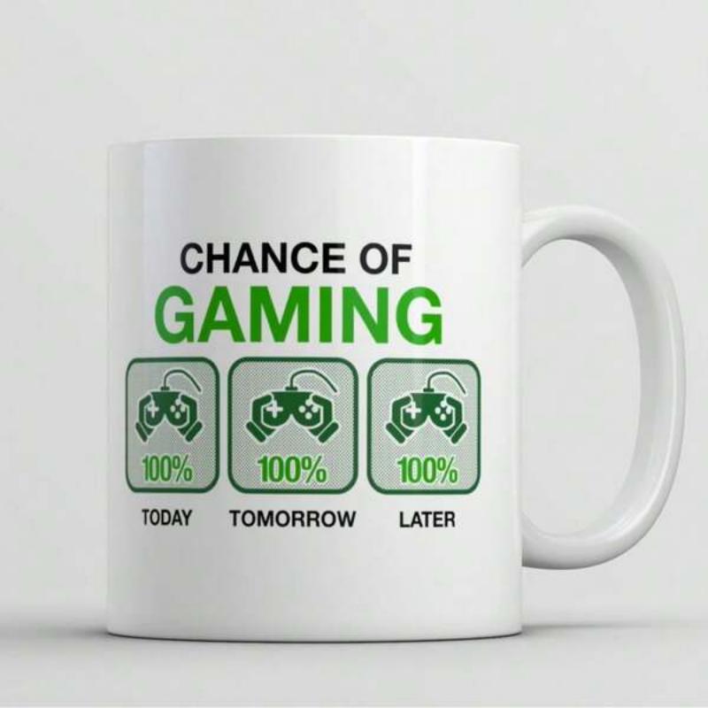 Tailorly White Ceramic 11 oz Mug - Chance Of Gaming Today Tomorrow Later Forecast Style Boxes Featuring Small Green Iconic Video Game Controller