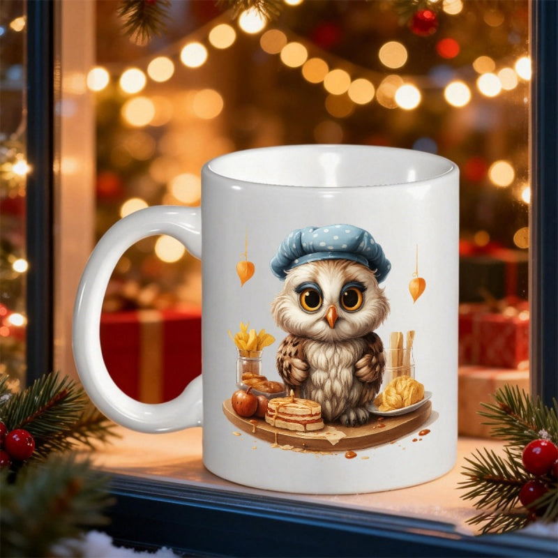Tailorly White Ceramic 11 oz Mug - Adorable Little Owl Wearing Blue Chef Hat Serving Delicious Pastries Owl