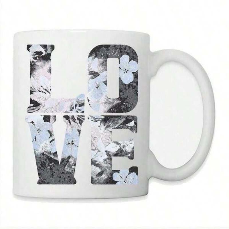 Tailorly White Ceramic 11 oz Mug - Love Monochrome Botanical Blossoms Filling Bold And Modern Sans Serif Typographic Letters