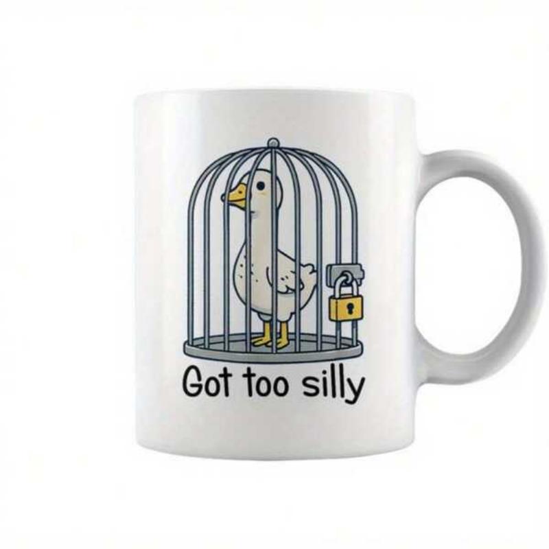 Tailorly White Ceramic 11 oz Mug - Got Too Silly Cartoon Bird Trapped Inside A Locked Gray Metal Cage Goose