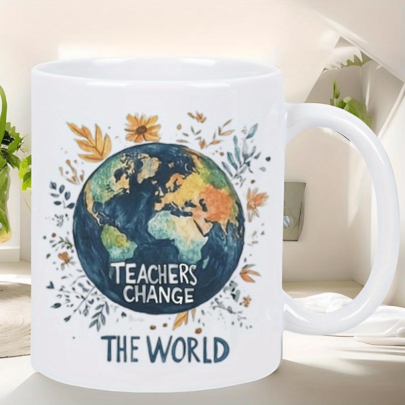 Tailorly White Ceramic 11 oz Mug - Teachers Change The World Artistic Map Of Earth Surrounded By Autumn Flowers Globe