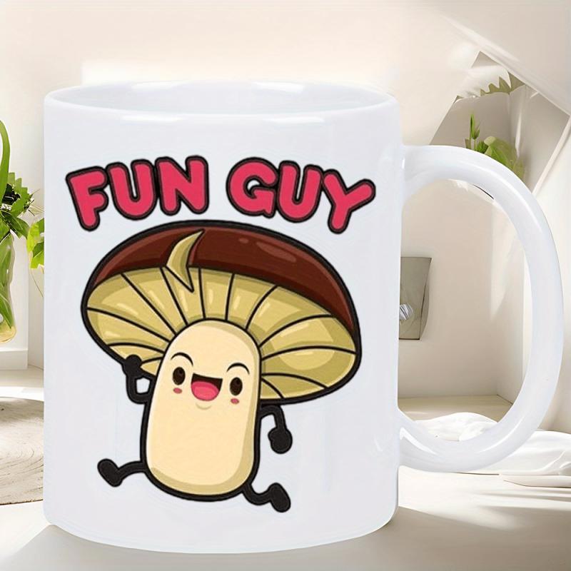 Tailorly White Ceramic 11 oz Mug - Fun Guy Kawaii Smiling Mushroom Character Running With Joy Across The White Surface Mushroom