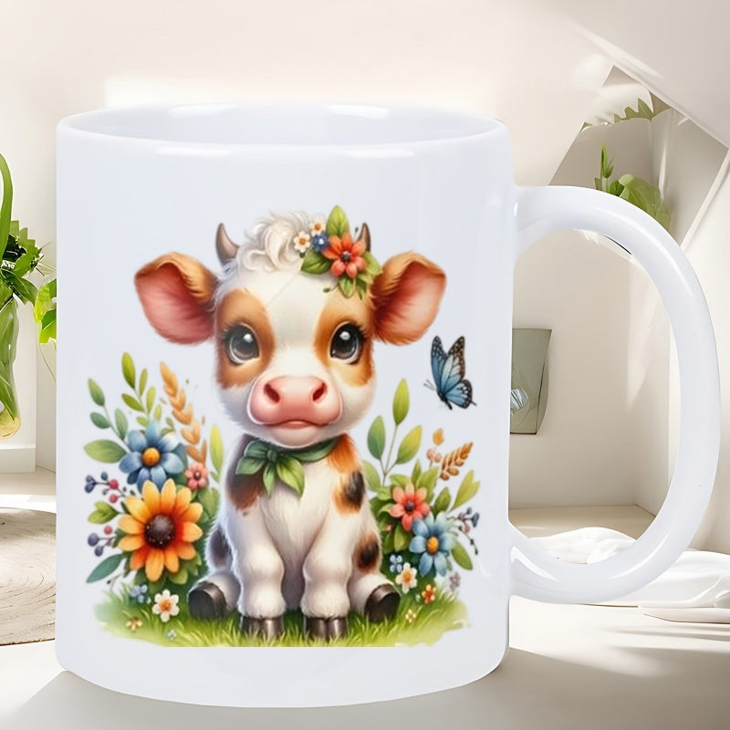 Tailorly White Ceramic 11 oz Mug - Adorable Baby Calf Sitting Among Vibrant Blooming Garden Flowers With Butterfly Cow