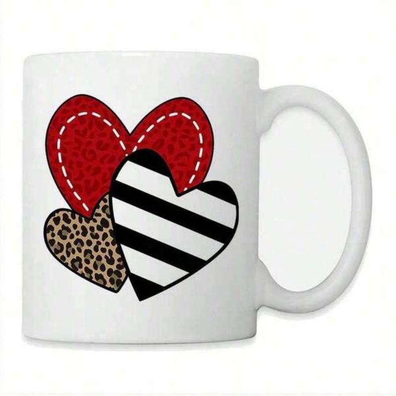 Tailorly White Ceramic 11 oz Mug - Three Overlapping Decorative Shapes With Leopard Pattern And Black White Stripes Heart