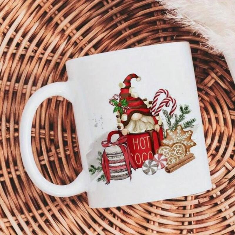 Tailorly White Ceramic 11 oz Mug - Hot Cocoa Festive Seasonal Design With Candy Canes And Cookies Gnome