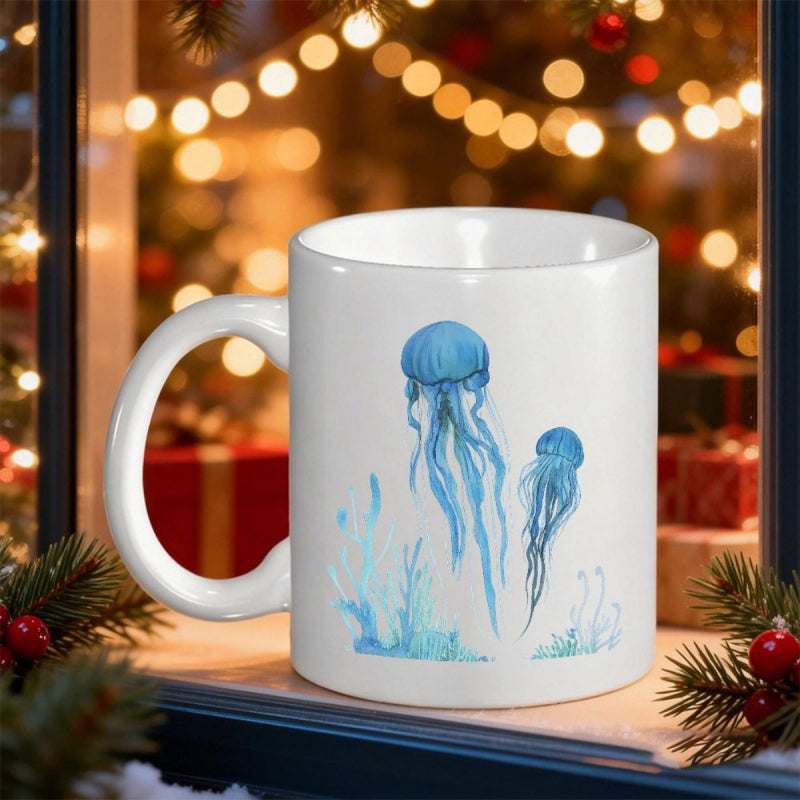 Tailorly White Ceramic 11 oz Mug - Serene Blue Watercolor Sea Creatures Floating Gracefully Within Deep Ocean Waters Jellyfish