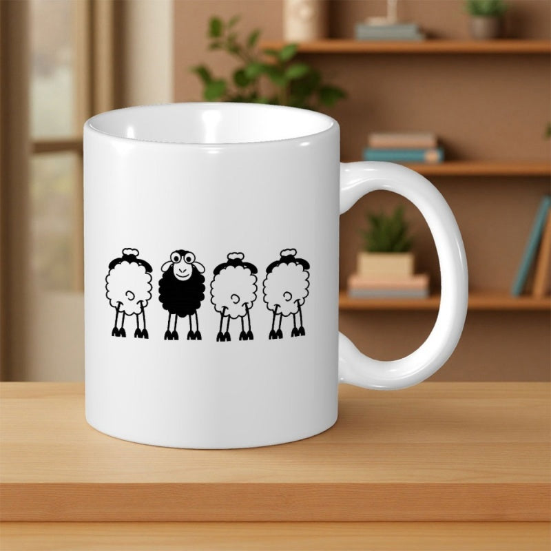 Tailorly White Ceramic 11 oz Mug - Minimalist Black Sheep Standing Out Among Rows Of Fluffy White Sheep