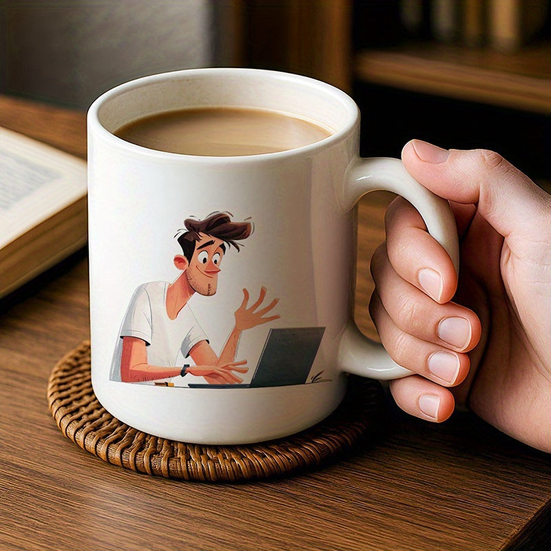 Tailorly White Ceramic 11 oz Mug - Stressed Cartoon Professional Character Working Intensely On Laptop Computer Man