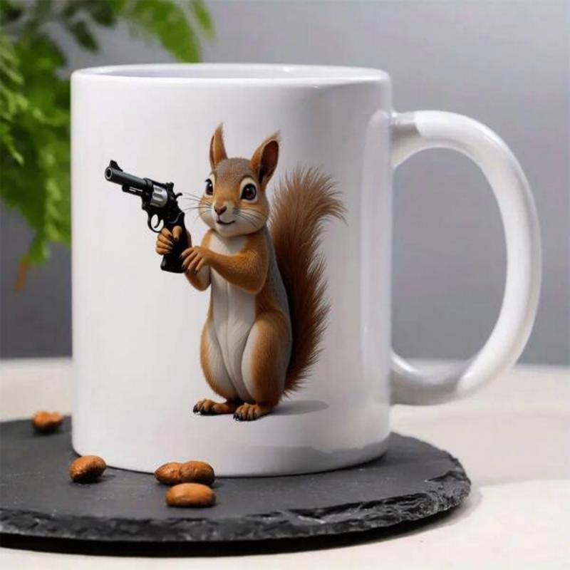 Tailorly White Ceramic 11 oz Mug - Funny Furry Standing Upright While Holding A Small Black Revolver Handgun Squirrel