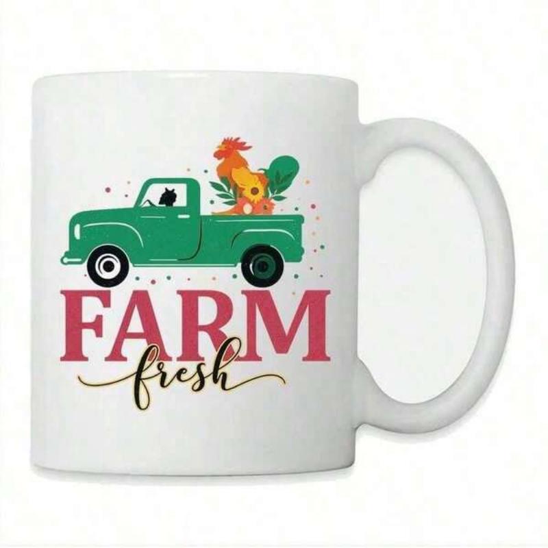 Tailorly White Ceramic 11 oz Mug - Farm Fresh Vintage Green Pickup Truck Carrying A Vibrant Colorful Rooster Truck