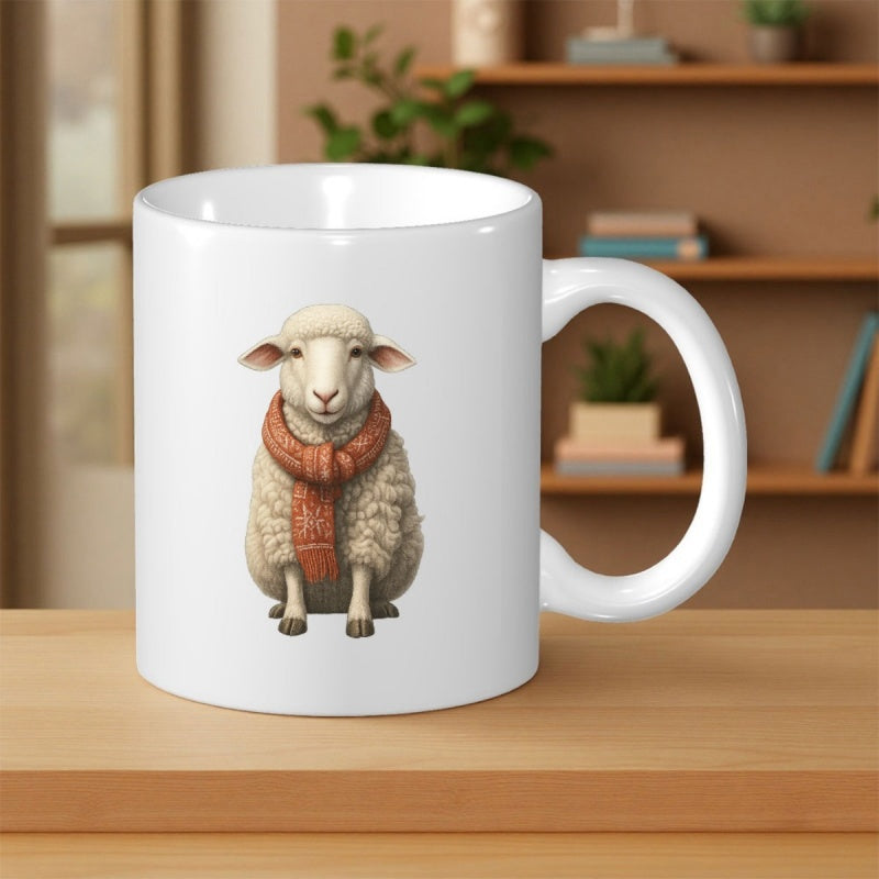 Tailorly White Ceramic 11 oz Mug - Cute Fluffy Animal Wearing A Warm Red Knitted Scarf Sitting Calmly Sheep