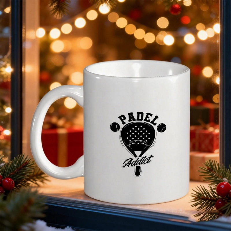 Tailorly White Ceramic 11 oz Mug - Padel Addict Stylized Black Sports Equipment Graphic Surrounded By Circular Floating Tennis Balls Racquet