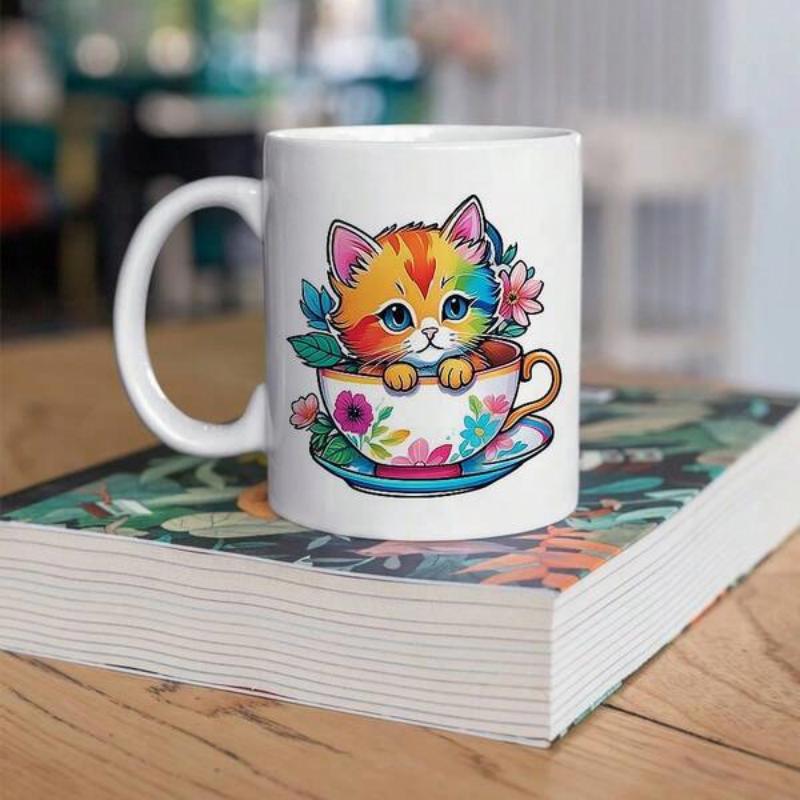 Tailorly White Ceramic 11 oz Mug - Vibrant Rainbow Kitten Resting Inside A Floral Teacup Among Blooming Flowers Cat
