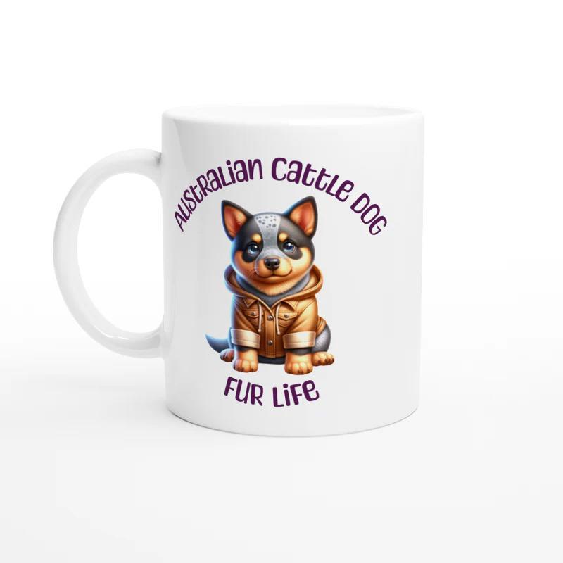 Tailorly White Ceramic 11 oz Mug - Australian Cattle Dog Fur Life Adorable Small Puppy Wearing Brown Winter Jacket Sitting On White Ground Puppy