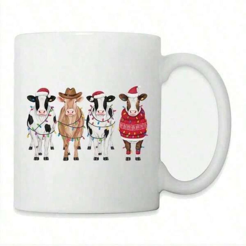 Tailorly White Ceramic 11 oz Mug - Festive Cattle Wearing Santa Hats And Sweaters Wrapped In Glowing Christmas Lights Cow