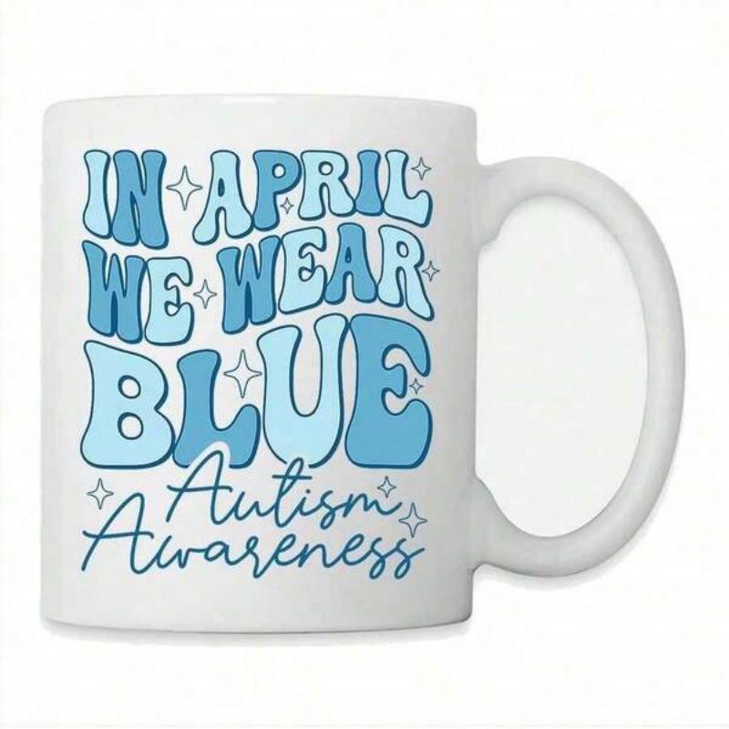 Tailorly White Ceramic 11 oz Mug - In April We Wear Blue Autism Awareness Retro Bubble Letters With Small Twinkling Blue Stars Mug
