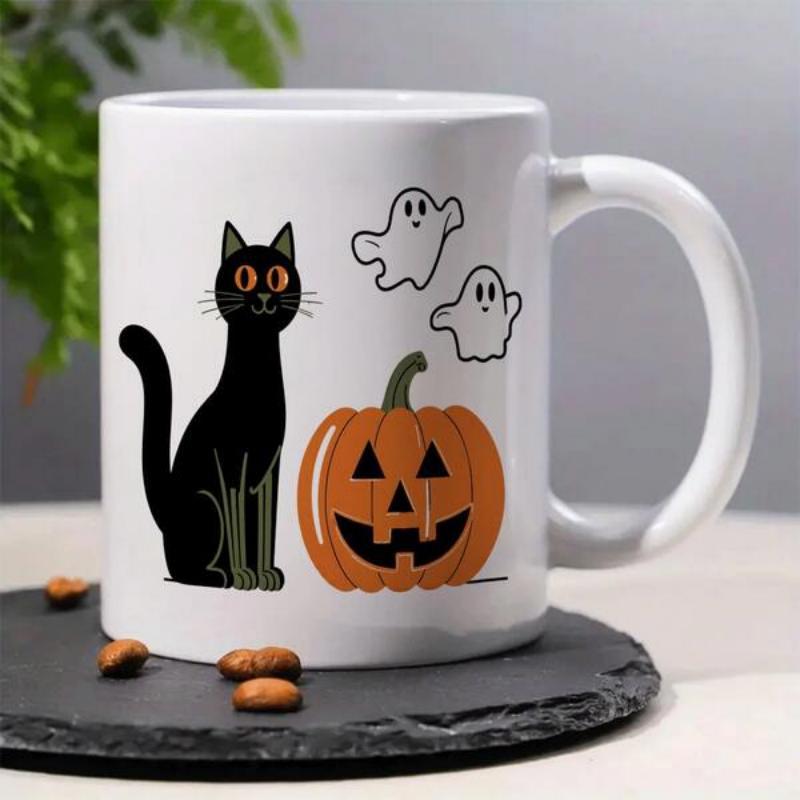 Tailorly White Ceramic 11 oz Mug - Spooky Halloween Theme Featuring Carved Pumpkin And Tiny Floating Flying Ghosts Cat