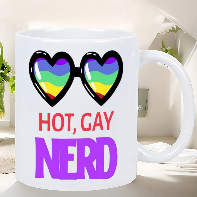 Tailorly White Ceramic 11 oz Mug - Hot Gay Nerd Vibrant Rainbow Colors Within Heart Shaped Frames Above Bold Text Glasses