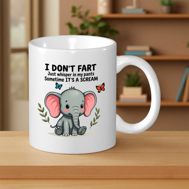 Tailorly White Ceramic 11 oz Mug - I Don't Fart Just Whisper In My Pants Sometime It's A Scream Adorable Sitting Cartoon Animal With Large Pink Ears Among Flying