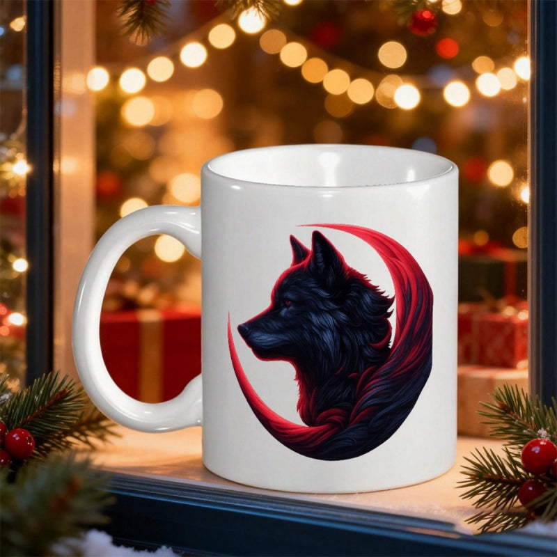 Tailorly White Ceramic 11 oz Mug - Majestic Shadowy Profile Of A Dark Canine With Crimson Crescent Wolf